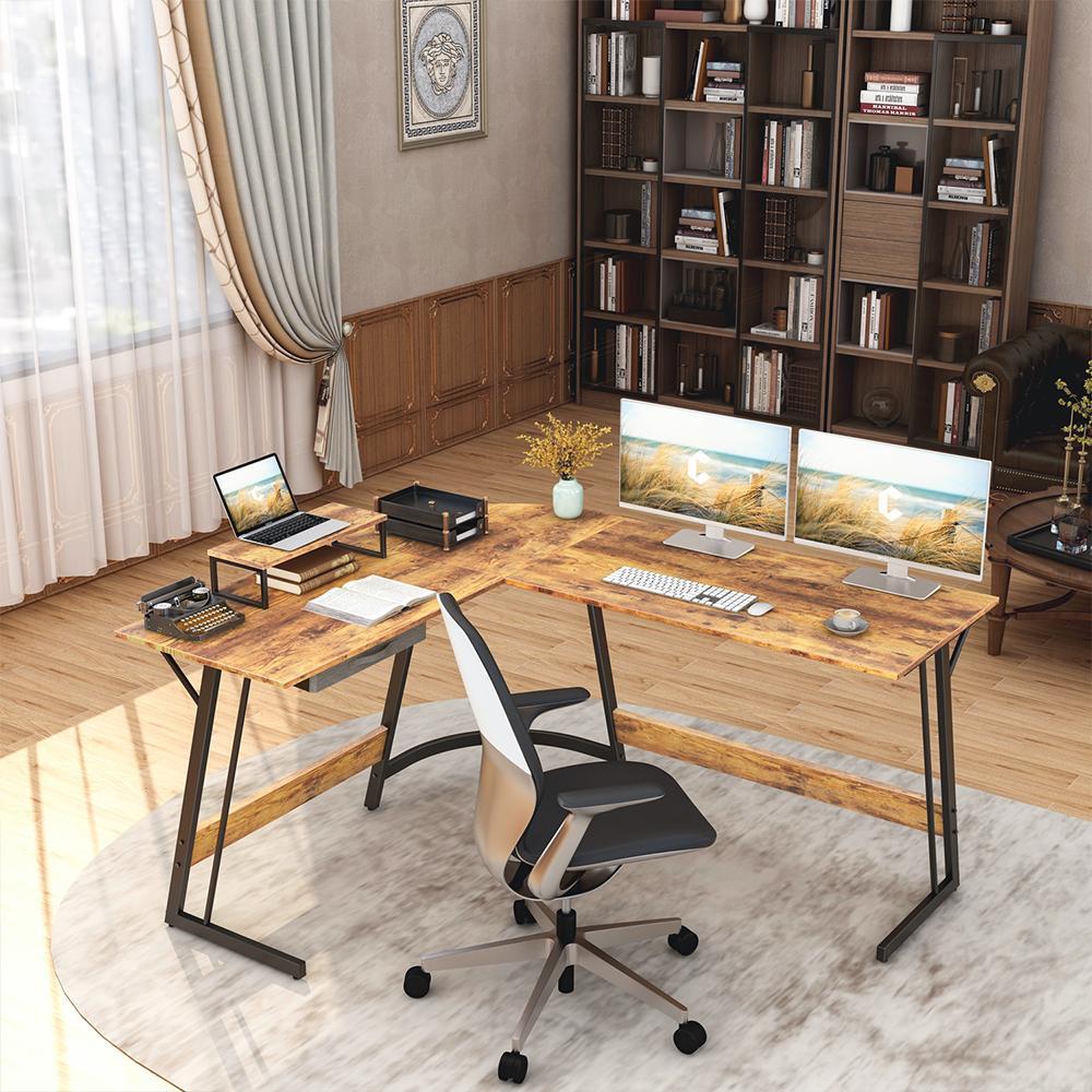 CubiCubi 59.1 Modern L Shaped Desk, Computer Table with Drawer, L Table  Desk, Home Office Corner Desk with Small Table, Brown Finish